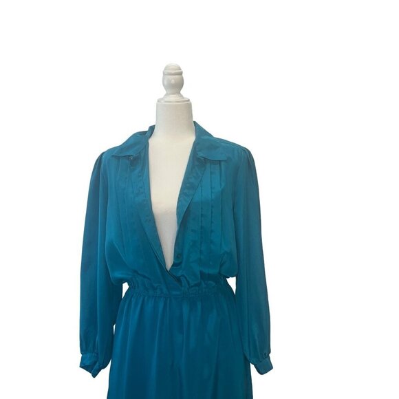 Vintage 80s 90s Hana Sung Belted Midi Dress Blue Long Sleeve Size MED Designer - Picture 5 of 8